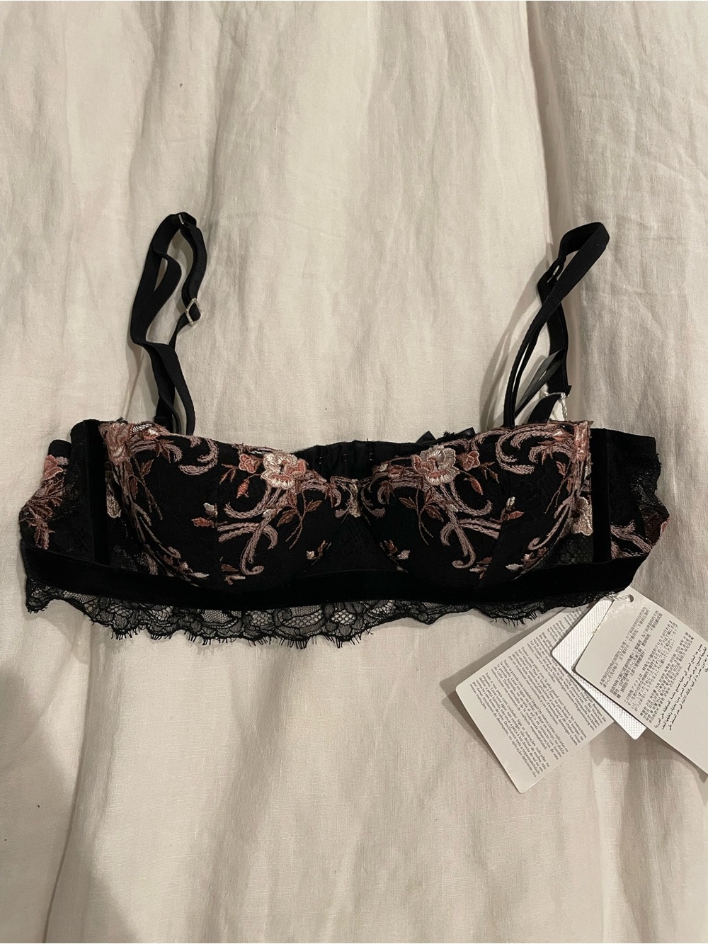 NWT La Perla Black Balconette Bra with Pink Floral Embroidery and Lace Trim